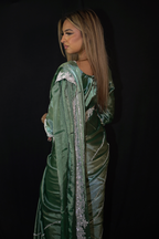 Green Organza Saree with White Pearl Work