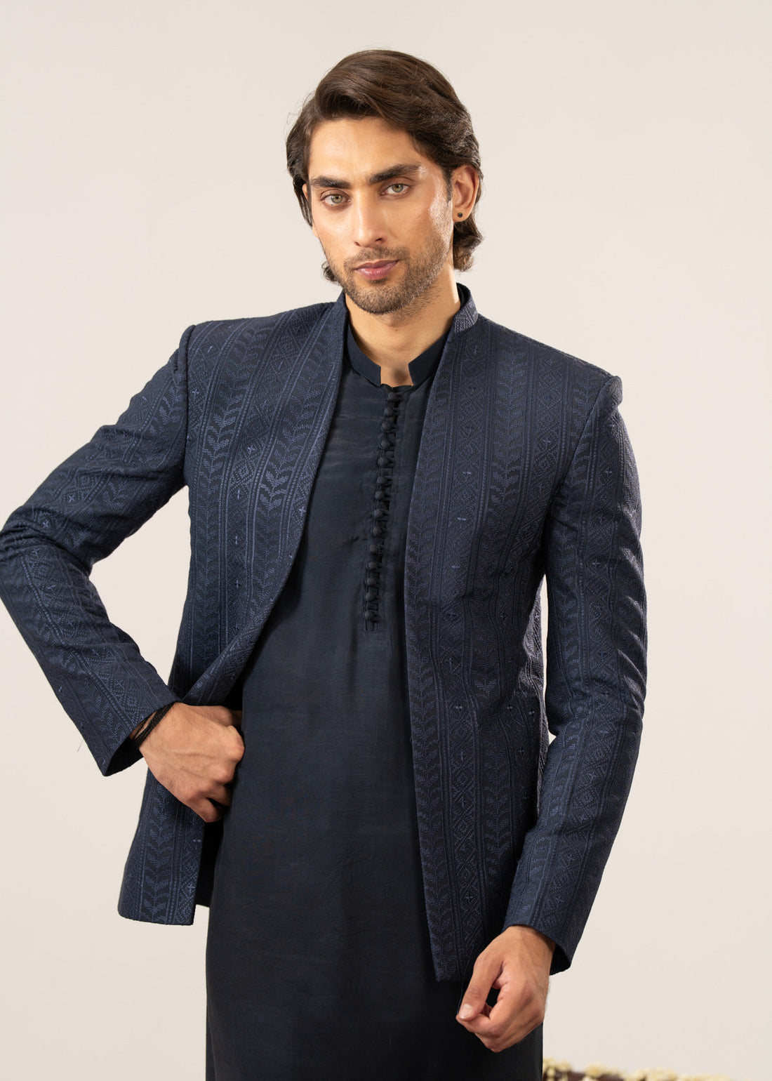 Navy Kurta Trouser with Embroidered Open Prince Coat - 3PC