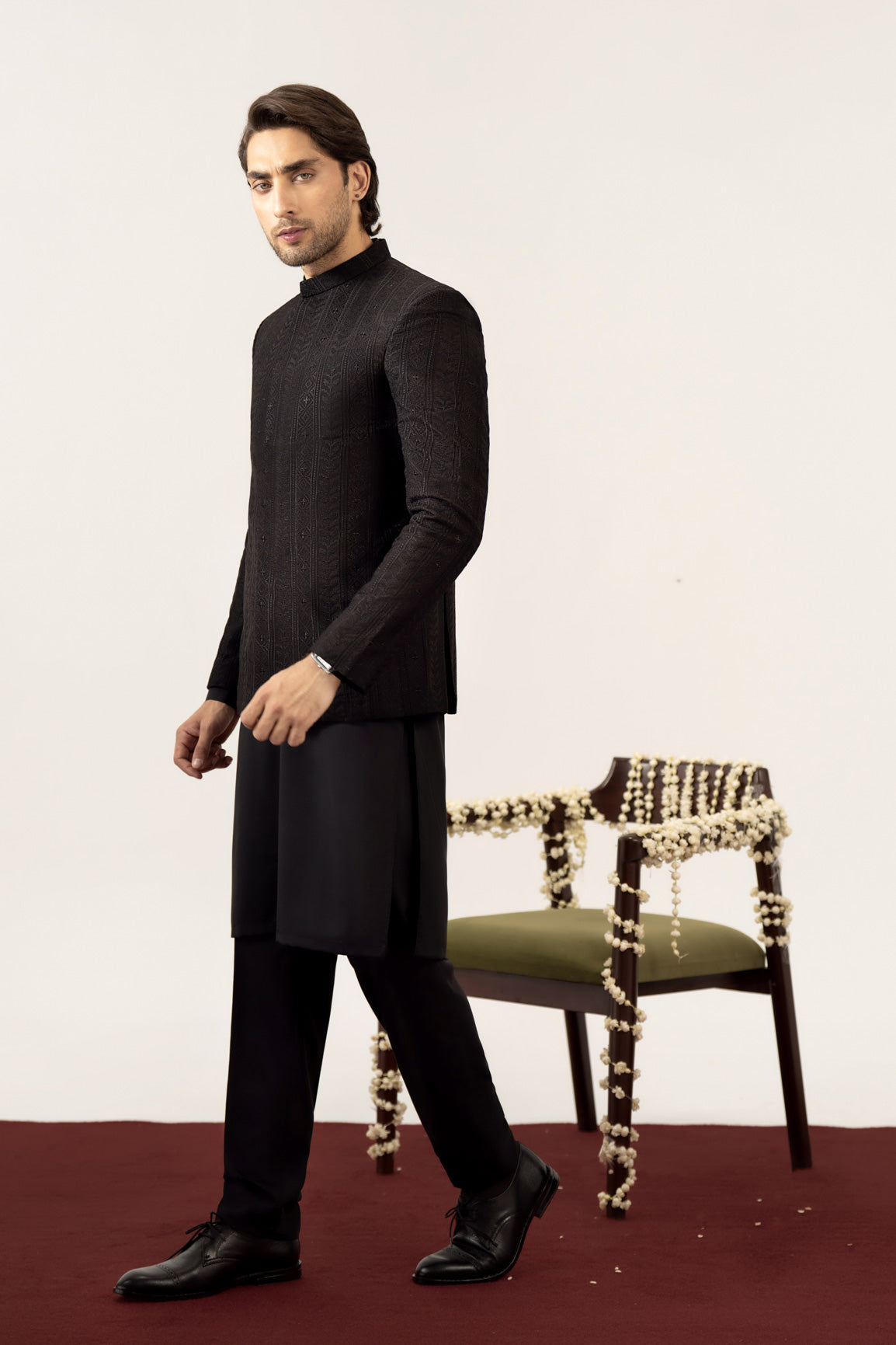 Black Kurta Trouser with Embroidered Prince Coat - 3PC