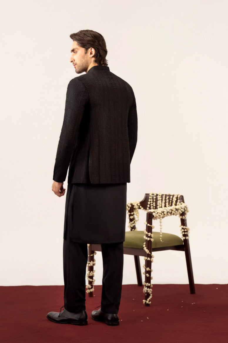 Black Kurta Trouser with Embroidered Prince Coat - 3PC