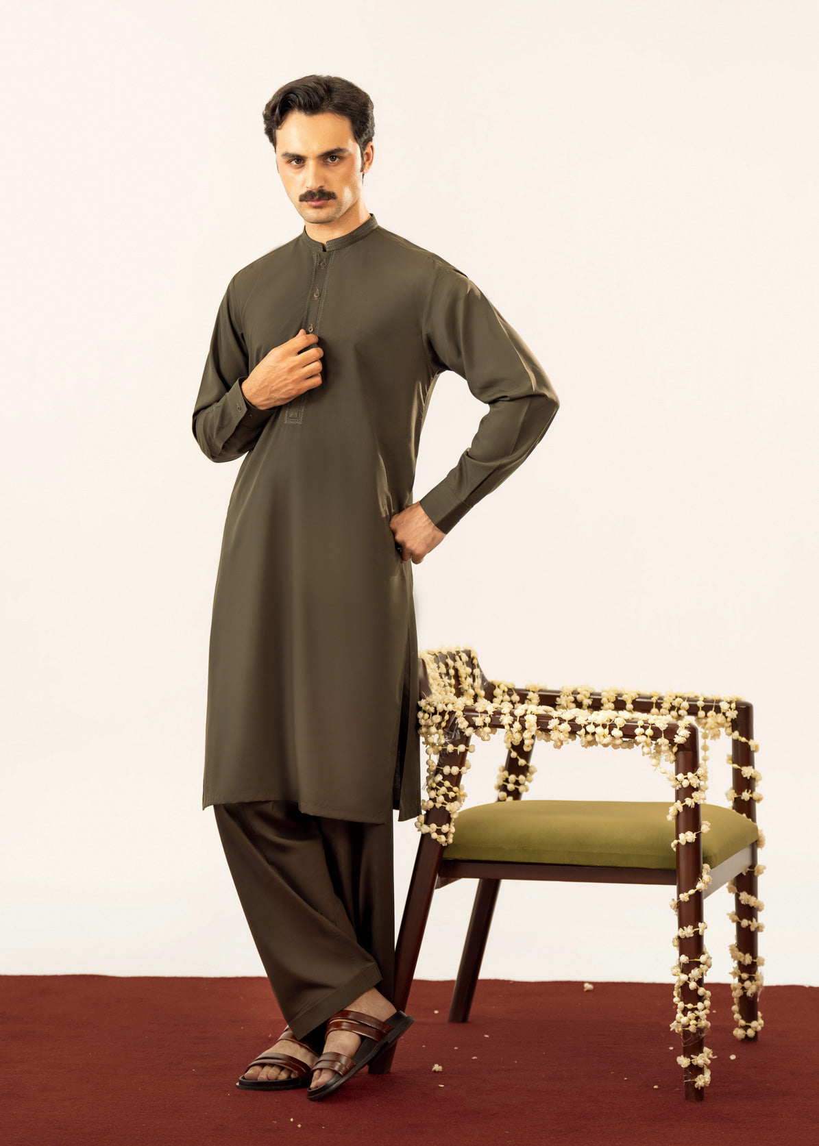 Formal Olive Green Kurta Shalwar - Collar Neck Embroidered - Men
