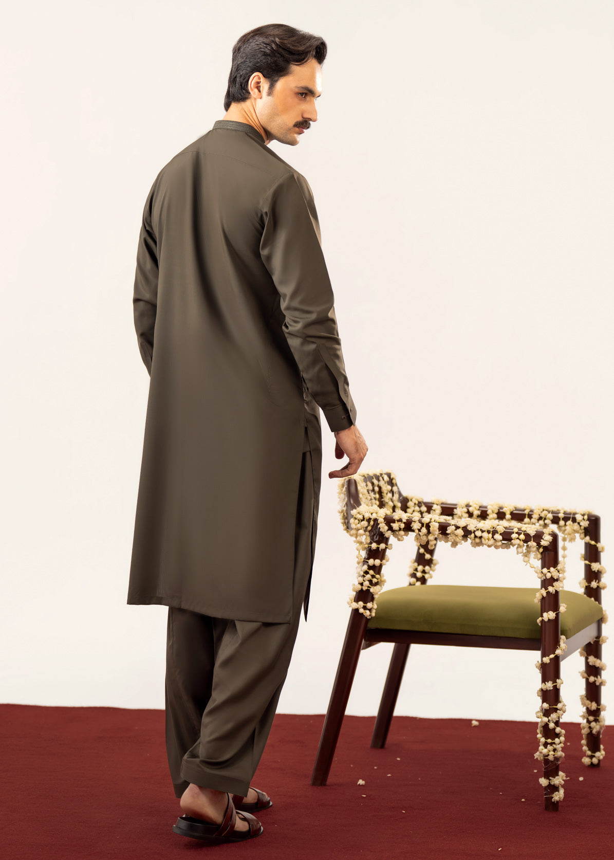 Formal Olive Green Kurta Shalwar - Collar Neck Embroidered - Men