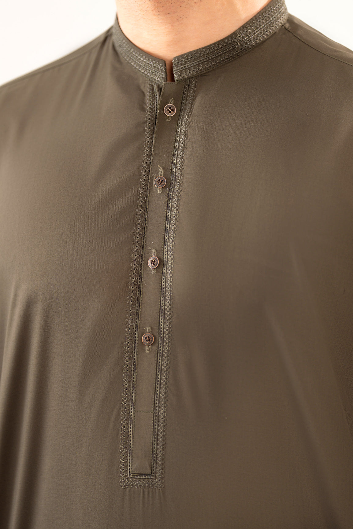 Formal Olive Green Kurta Shalwar - Collar Neck Embroidered - Men
