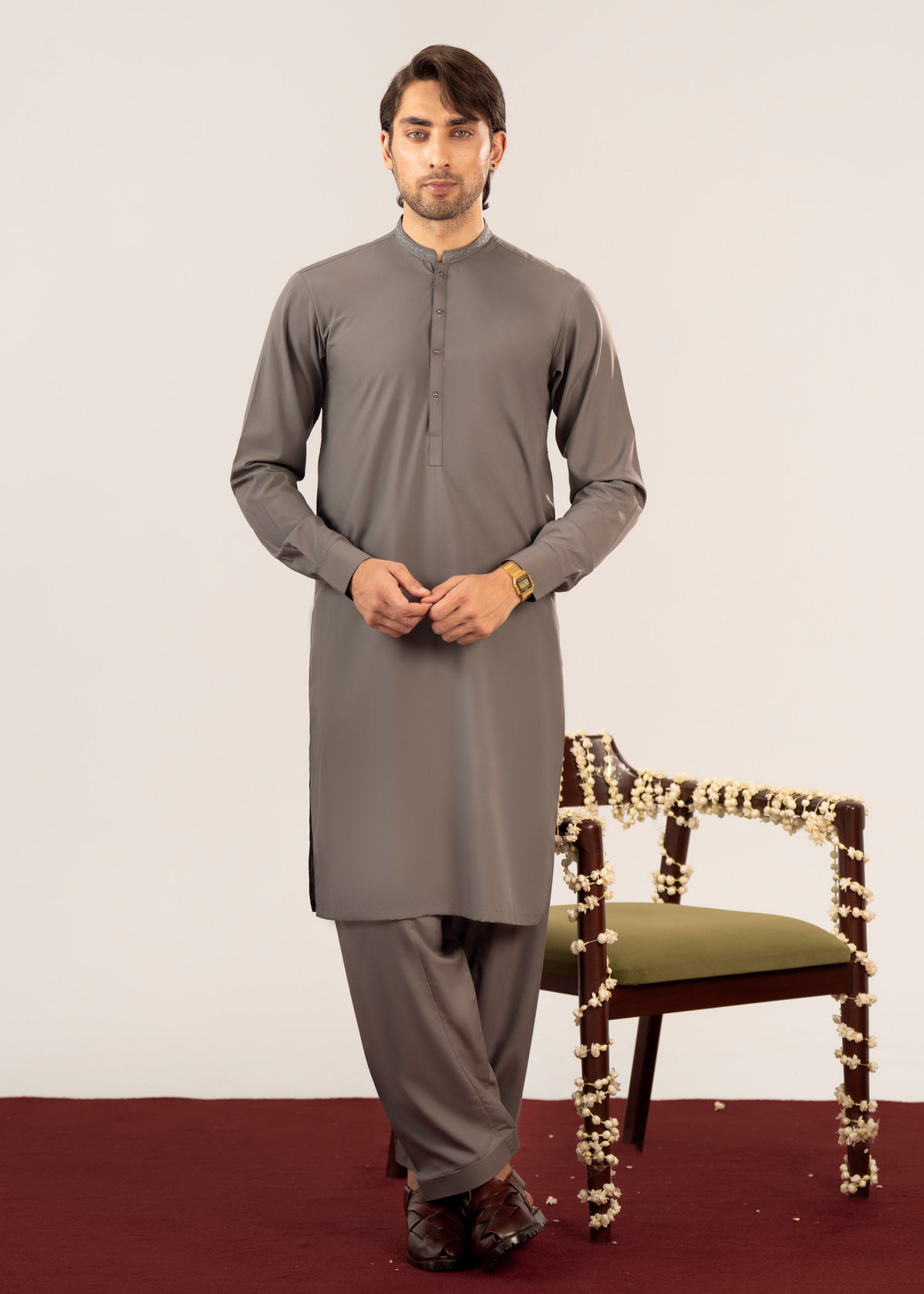 Formal Sand Grey Kurta Shalwar - Collar Neck Embroidered - Men