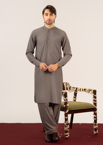 Formal Sand Grey Kurta Shalwar - Collar Neck Embroidered - Men