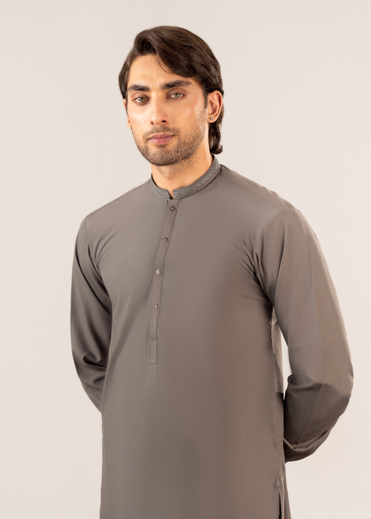 Formal Sand Grey Kurta Shalwar - Collar Neck Embroidered - Men