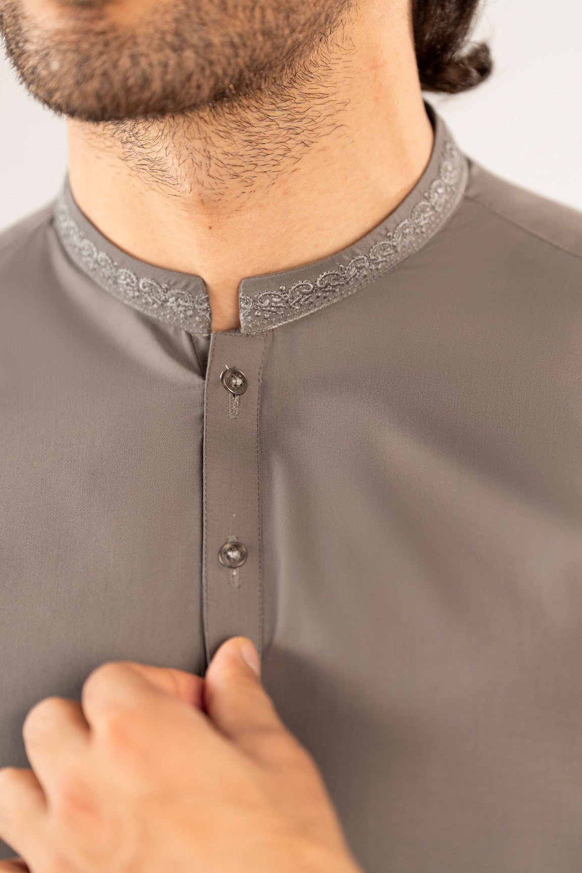 Formal Sand Grey Kurta Shalwar - Collar Neck Embroidered - Men