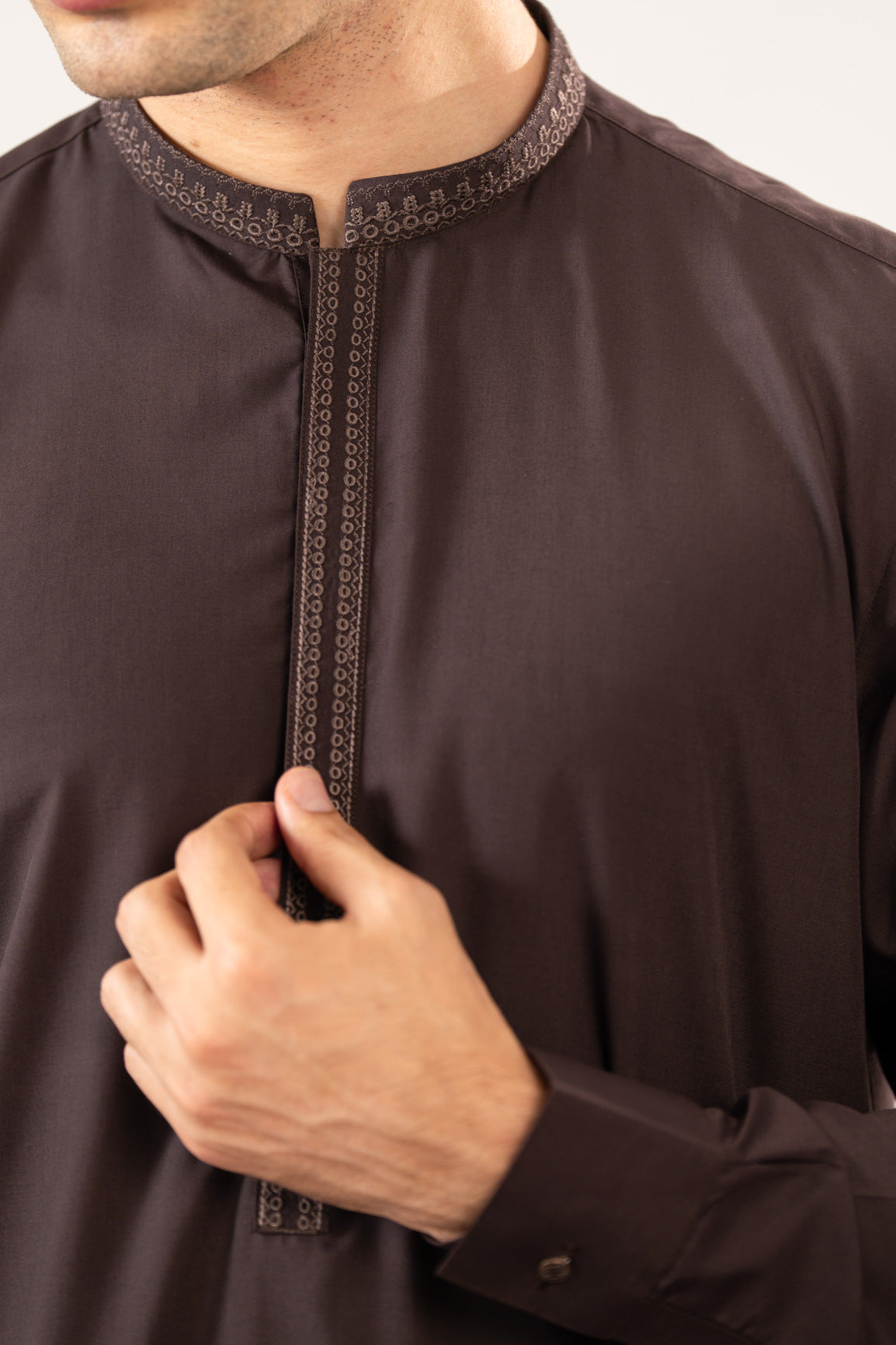 Formal Dark Brown Kurta Shalwar - Collar Neck Embroidered - Men