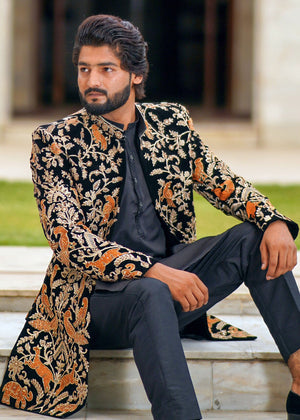 Occasions Designer Wear Black Royal Art Front Open Gown