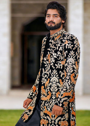 Occasions Designer Wear Black Royal Art Front Open Gown