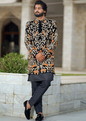 Occasions Designer Wear Black Royal Art Front Open Gown