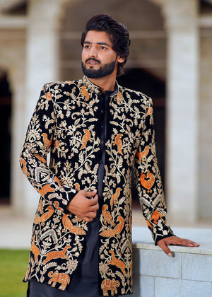 Occasions Designer Wear Black Royal Art Front Open Gown