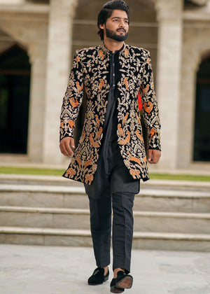 Occasions Designer Wear Black Royal Art Front Open Gown