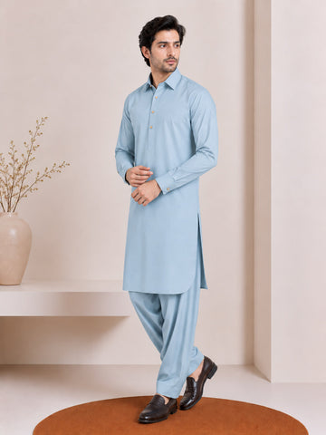 Sky Blue French Collar Kameez Shalwar - Men