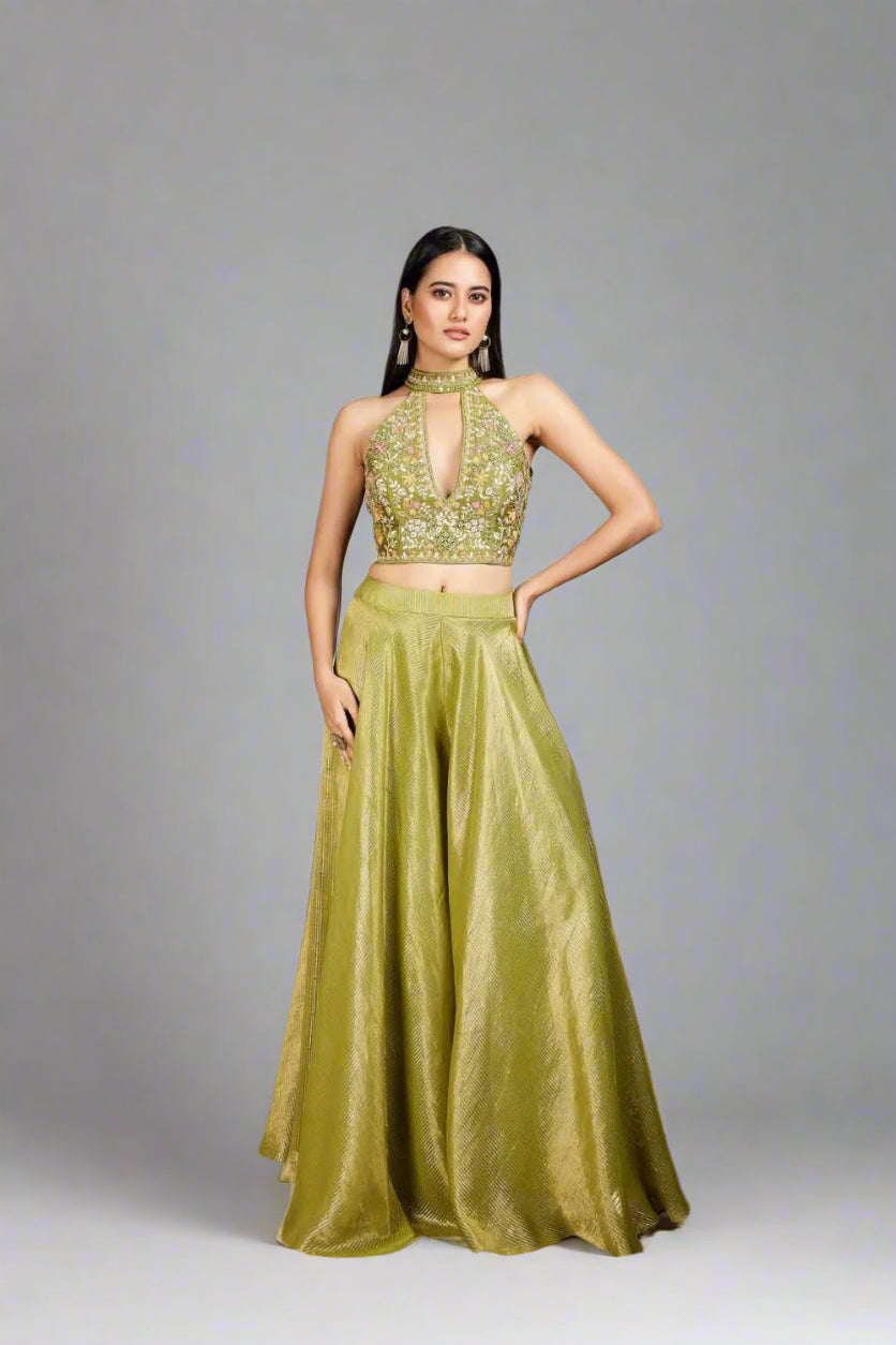 Stunning olive green lehenga set with intricate embroidered blouse