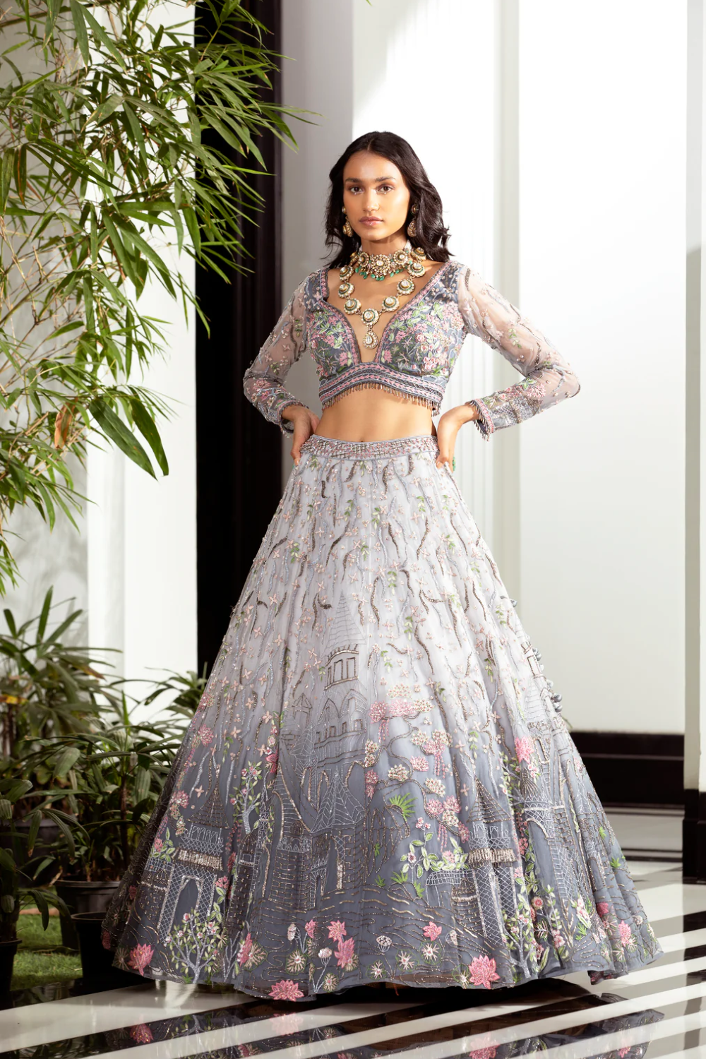 Silver foil work lehenga with stones