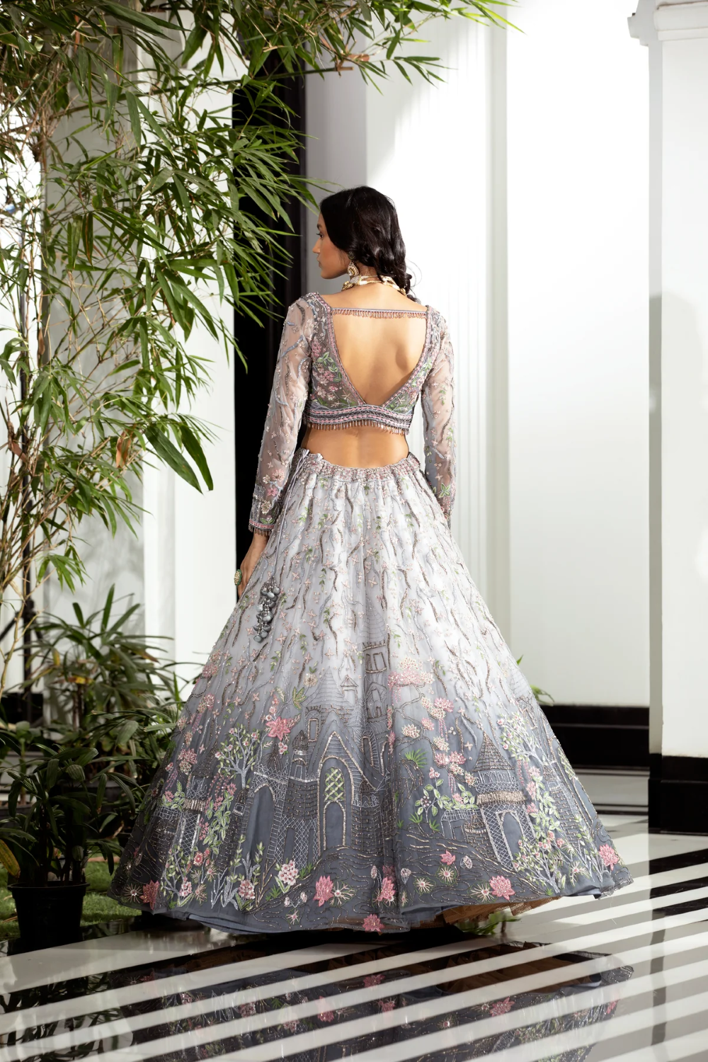 Silver foil work lehenga with stones