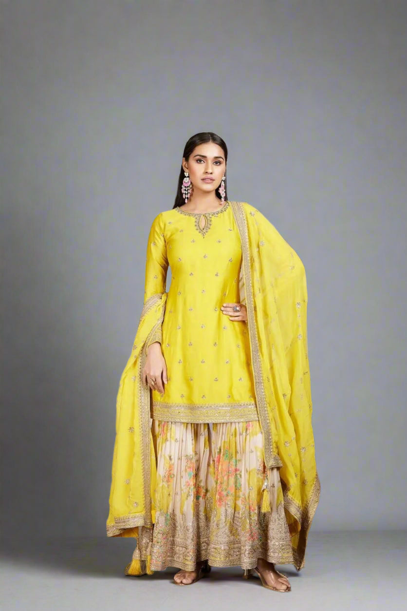 Brighten any occasion with this radiant yellow sharara set