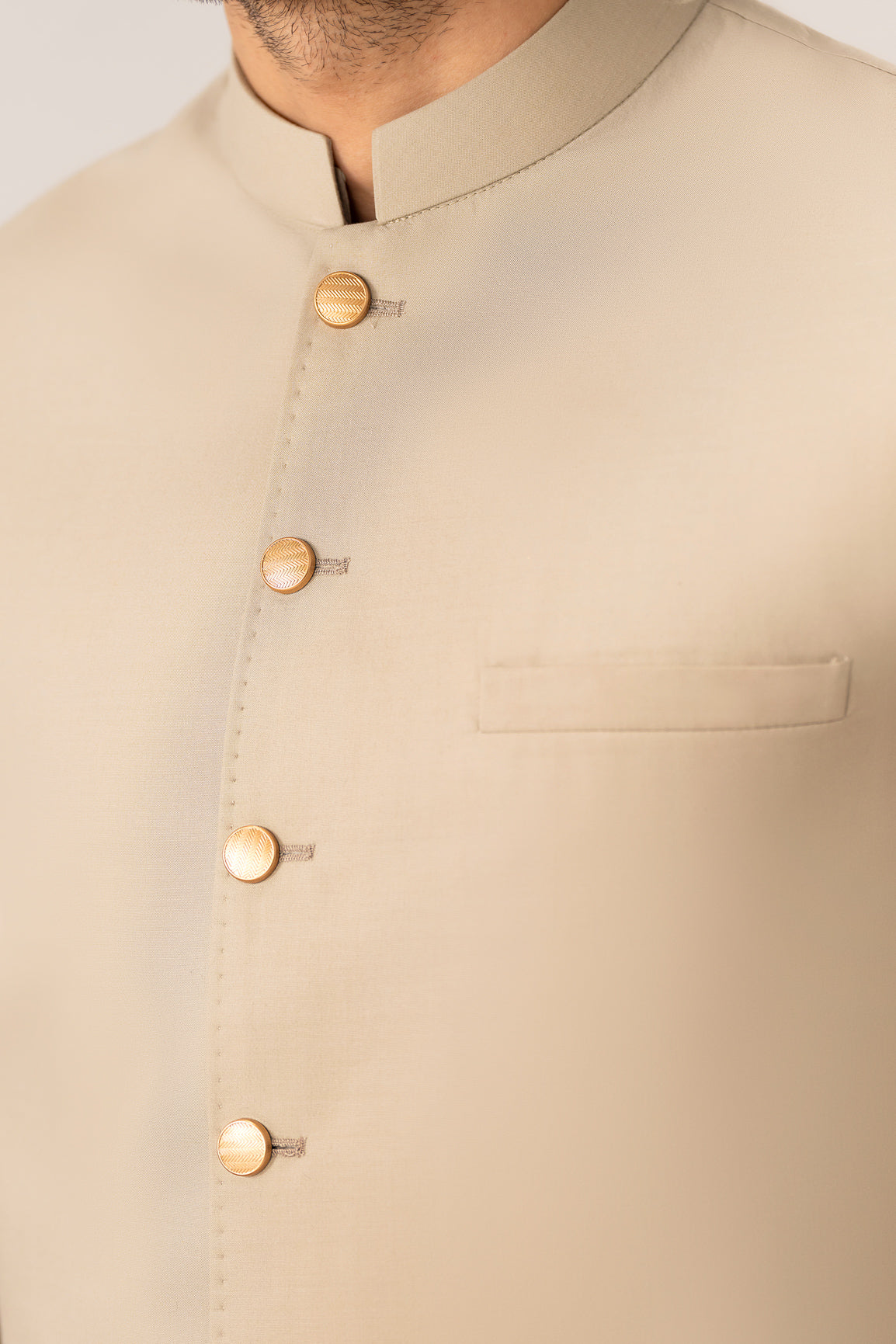 Light Beige Kurta Shalwar with Pick-Stitch Matching Waistcoat - Men
