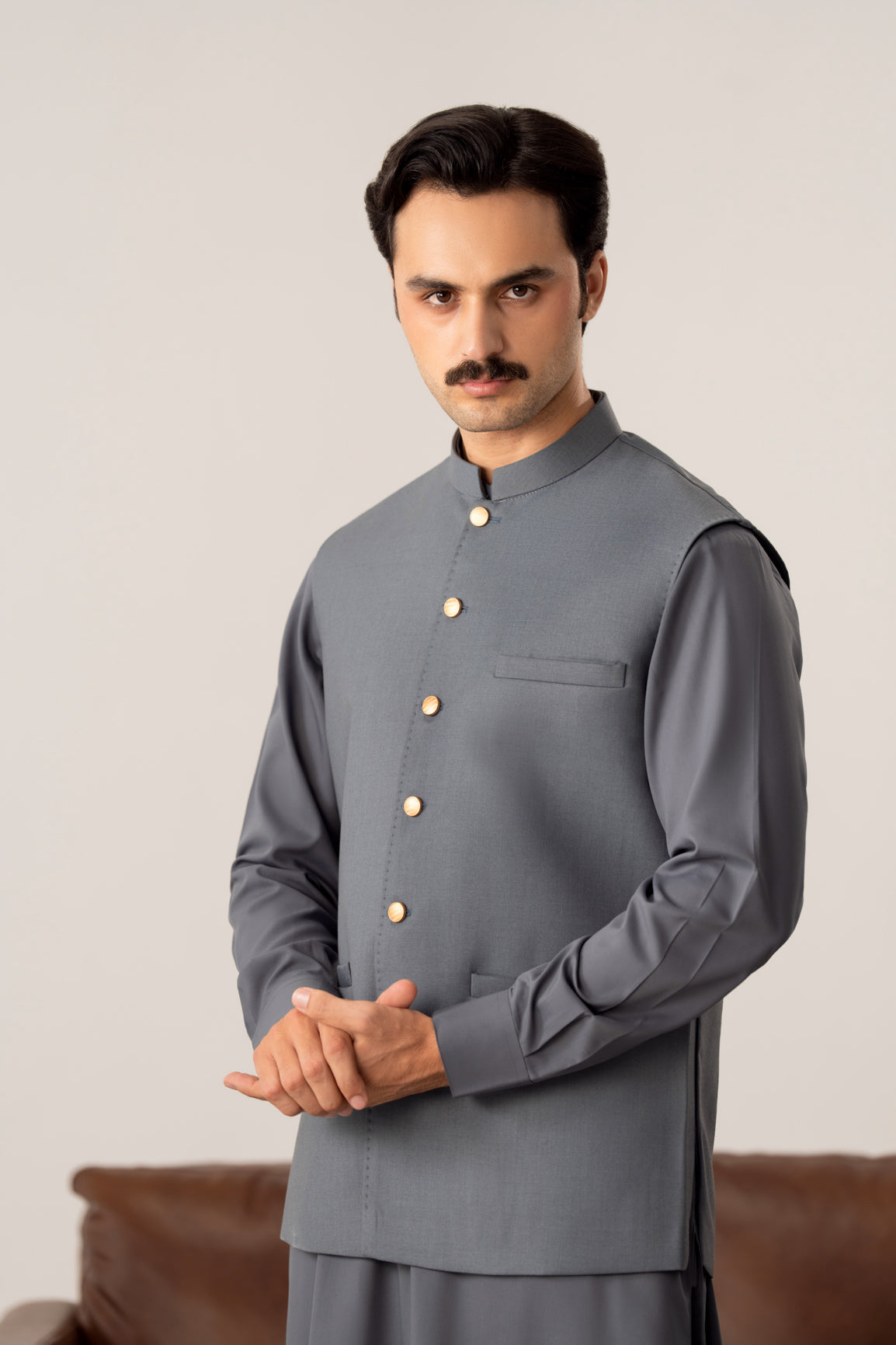 Bluish Grey Kurta Shalwar with Pick-Stitch Matching Waistcoat - Men