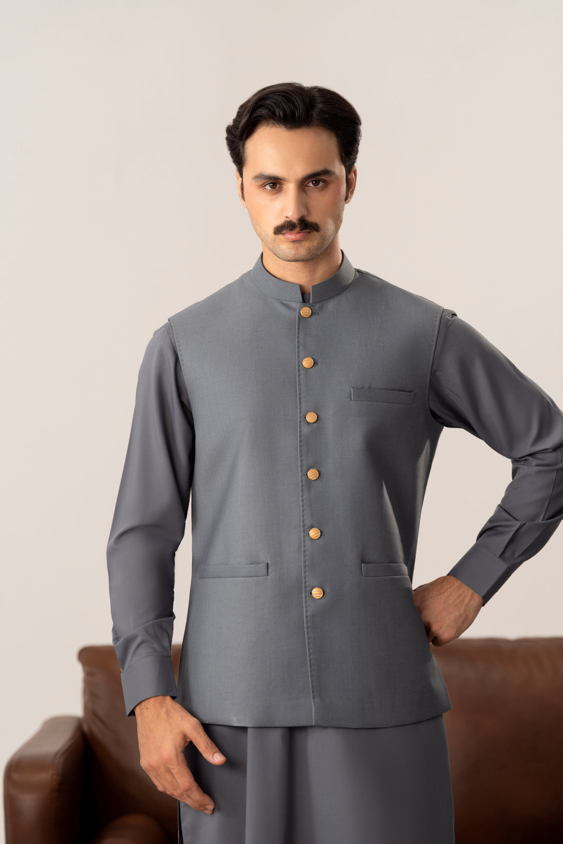 Bluish Grey Pick-Stitch Suiting Waistcoat - Straight Cut - Men