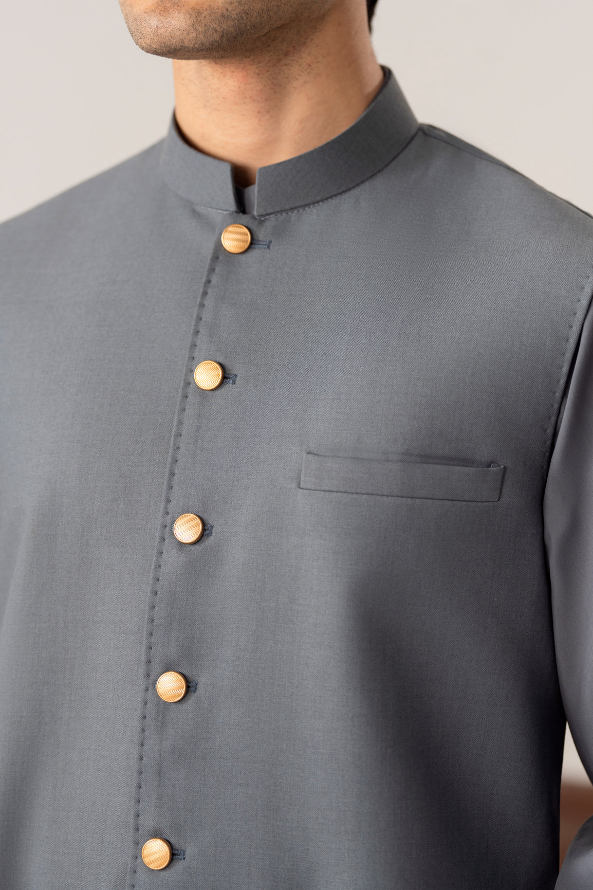 Bluish Grey Kurta Shalwar with Pick-Stitch Matching Waistcoat - Men