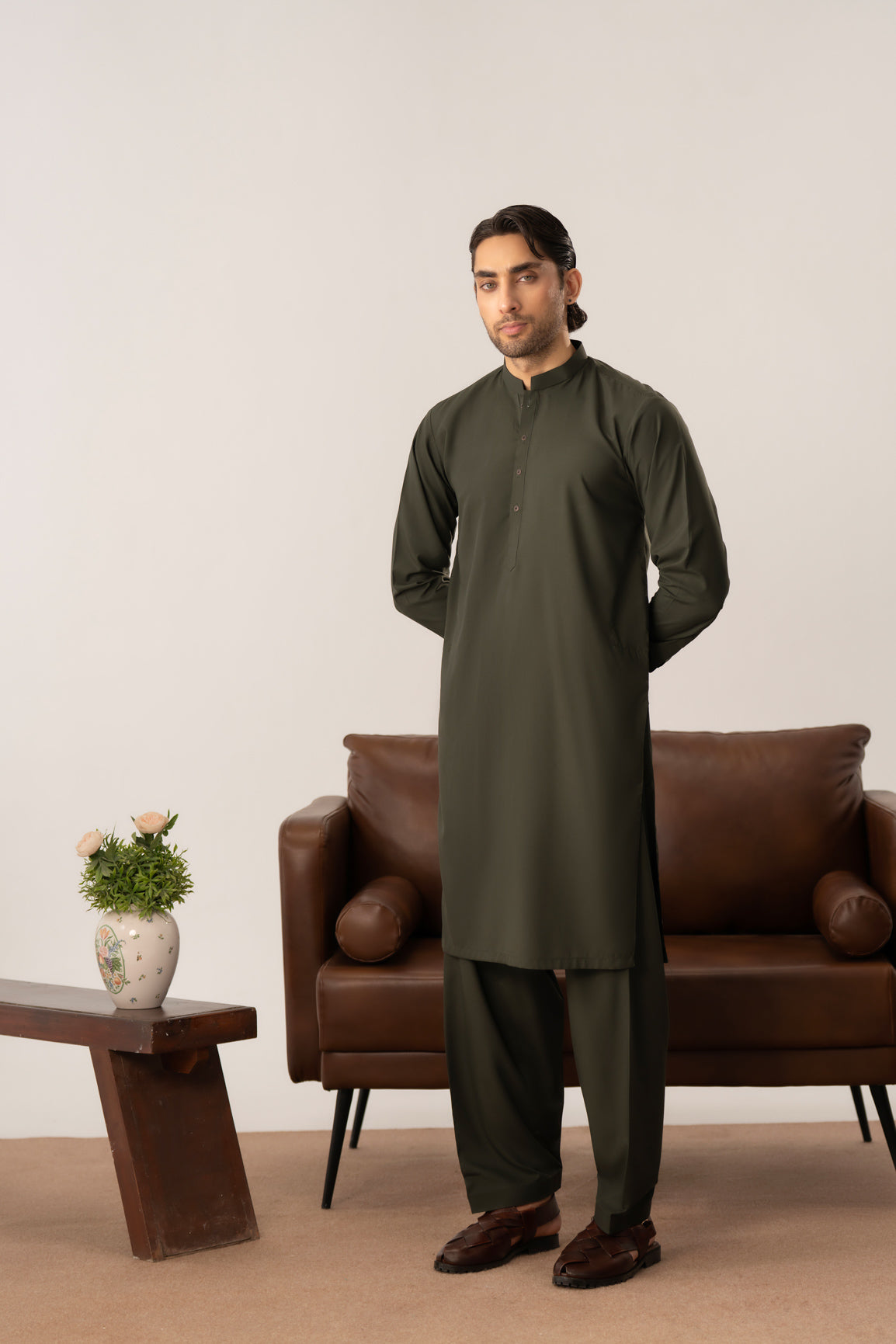 Army Green Kurta Shalwar with Pick-Stitch Matching Waistcoat - Men