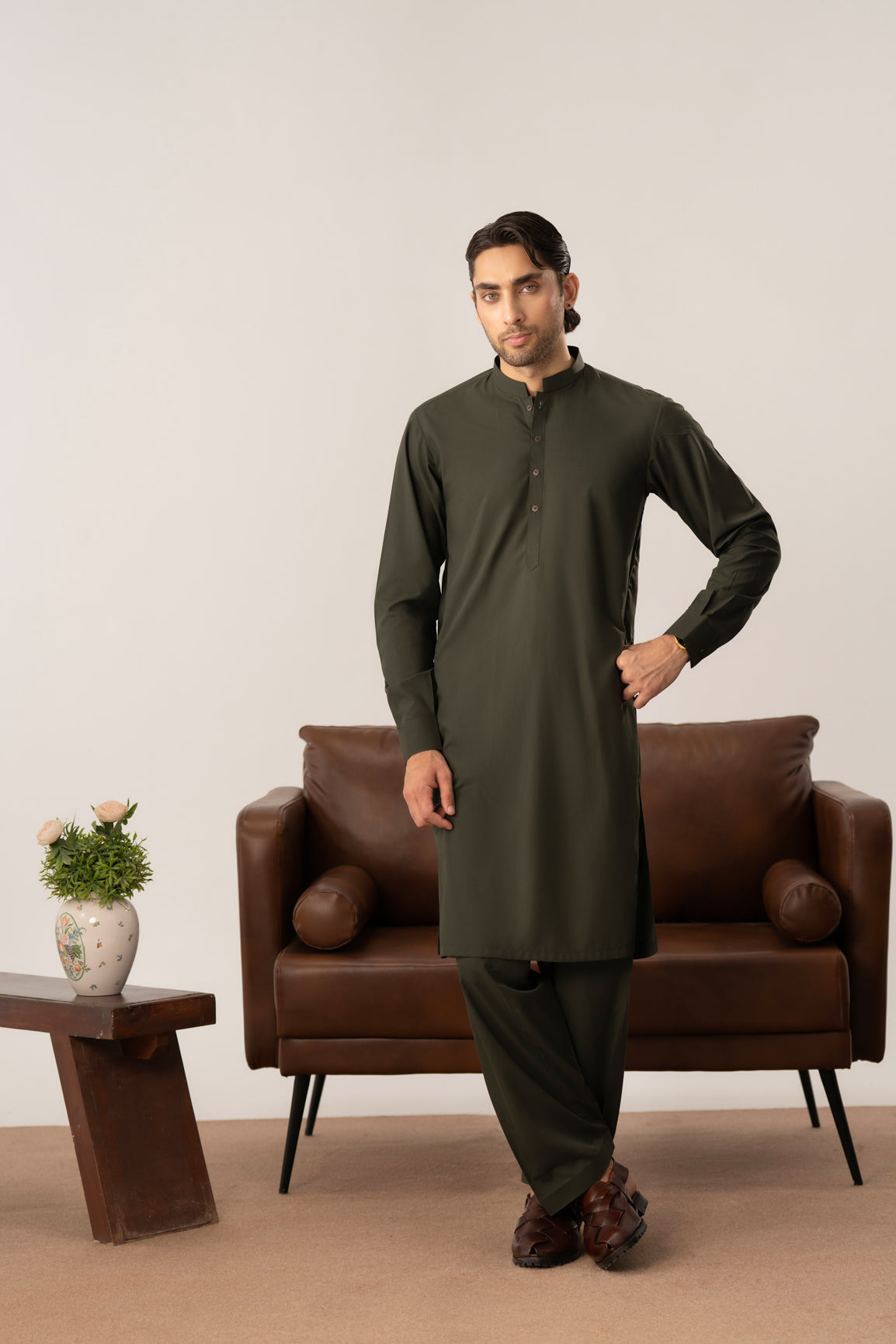 Army Green Kurta Shalwar with Pick-Stitch Matching Waistcoat - Men