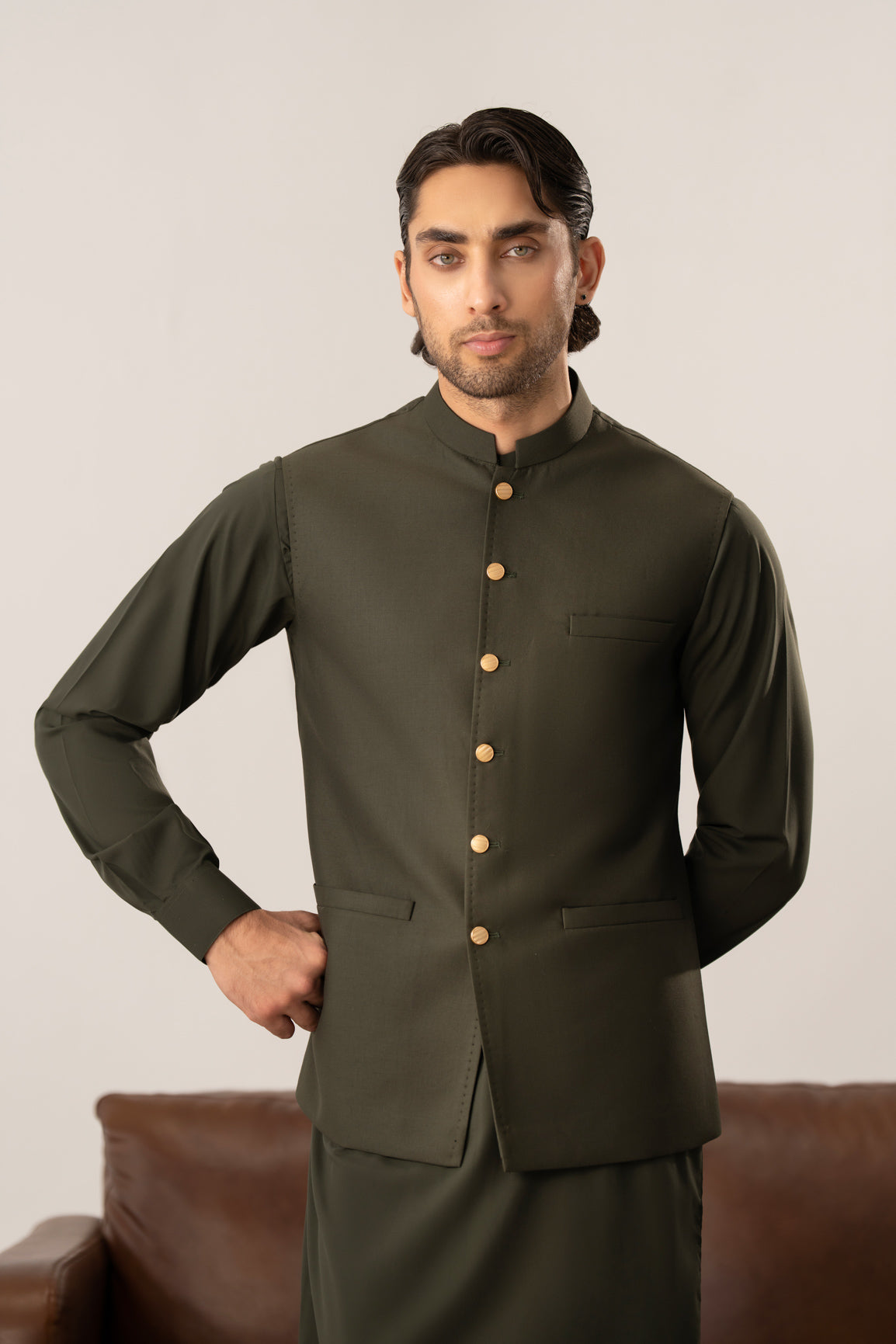 Army Green Kurta Shalwar with Pick-Stitch Matching Waistcoat - Men