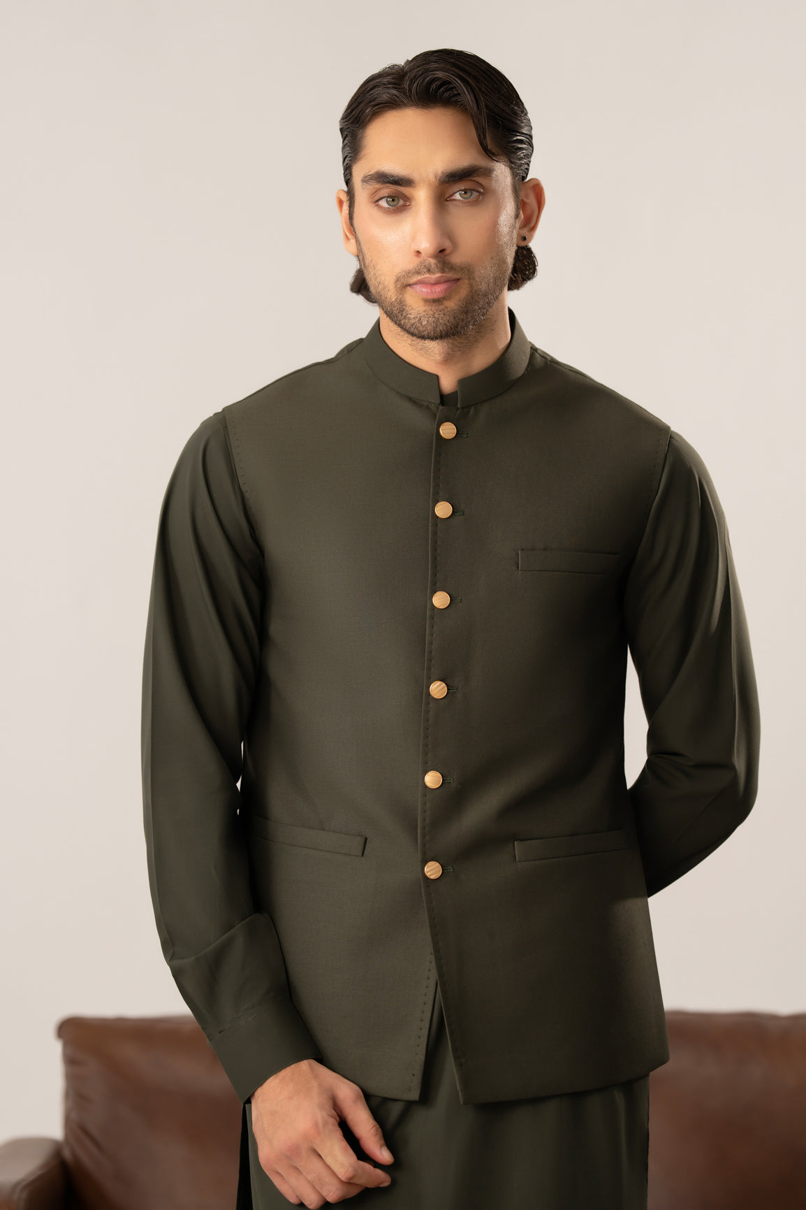 Army Green Kurta Shalwar with Pick-Stitch Matching Waistcoat - Men