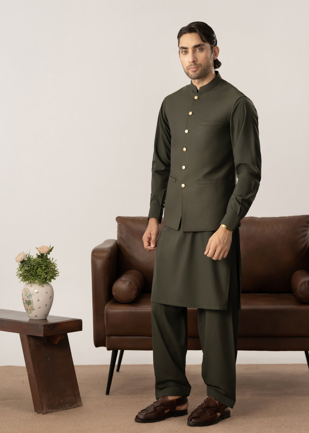 Army Green Kurta Shalwar with Pick-Stitch Matching Waistcoat - Men