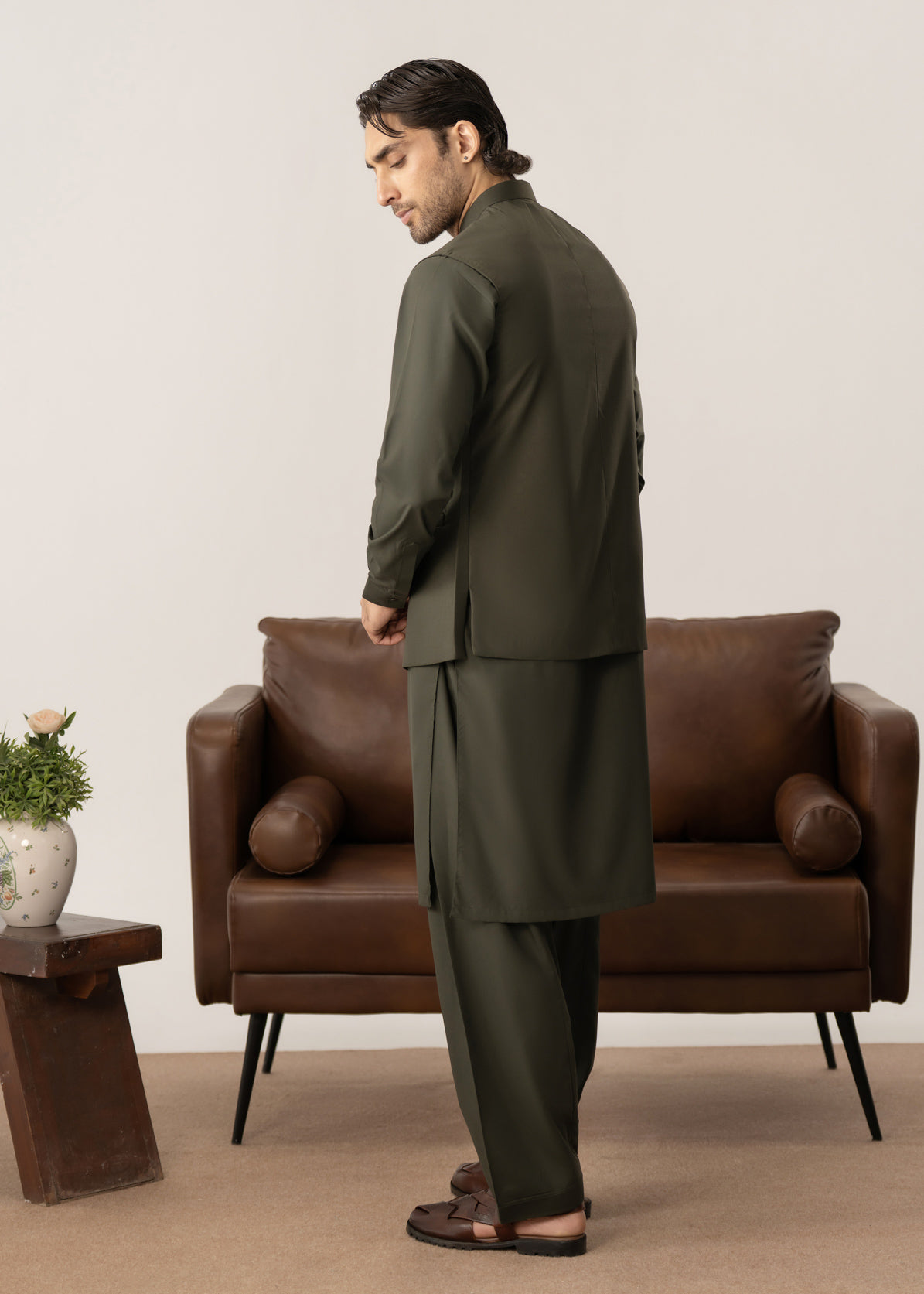 Army Green Kurta Shalwar with Pick-Stitch Matching Waistcoat - Men