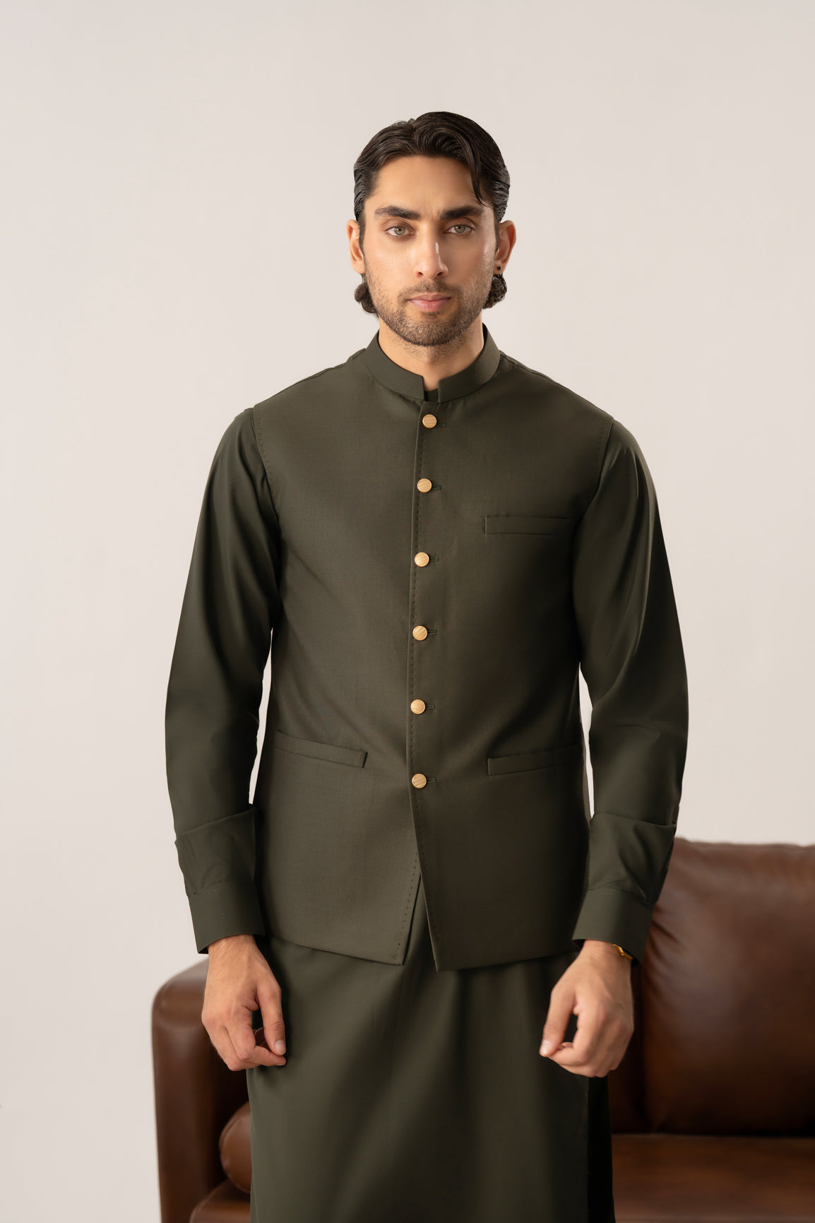 Army Green Kurta Shalwar with Pick-Stitch Matching Waistcoat - Men