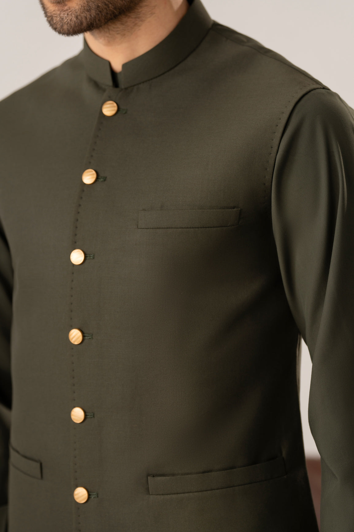Army Green Kurta Shalwar with Pick-Stitch Matching Waistcoat - Men
