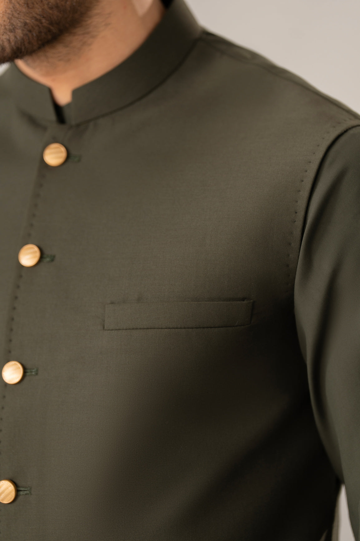 Army Green Pick-Stitch Suiting Waistcoat - Straight Cut - Men
