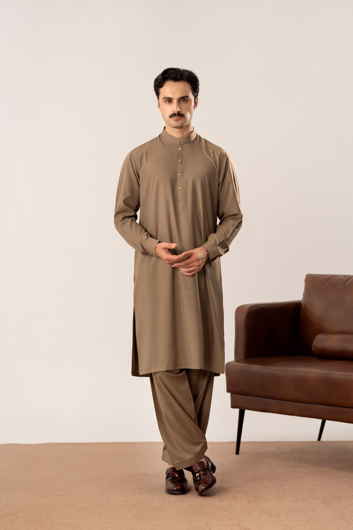 Stone Brown Kurta Shalwar with Pick-Stitch Matching Waistcoat - Men