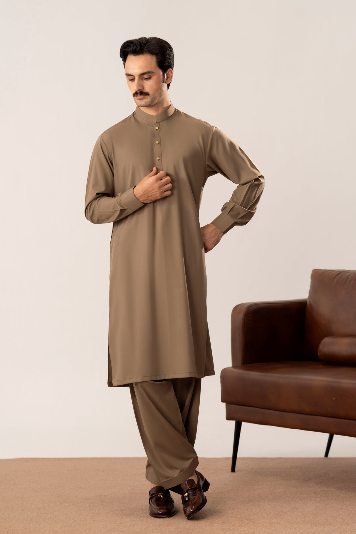 Stone Brown Kurta Shalwar with Pick-Stitch Matching Waistcoat - Men