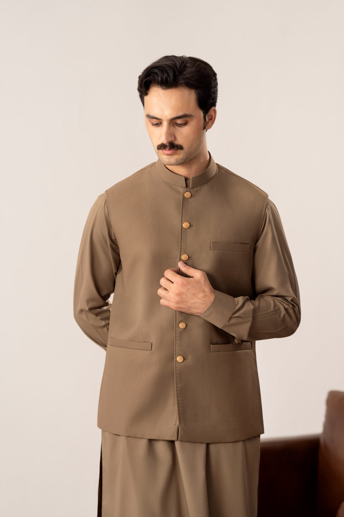 Stone Brown Kurta Shalwar with Pick-Stitch Matching Waistcoat - Men