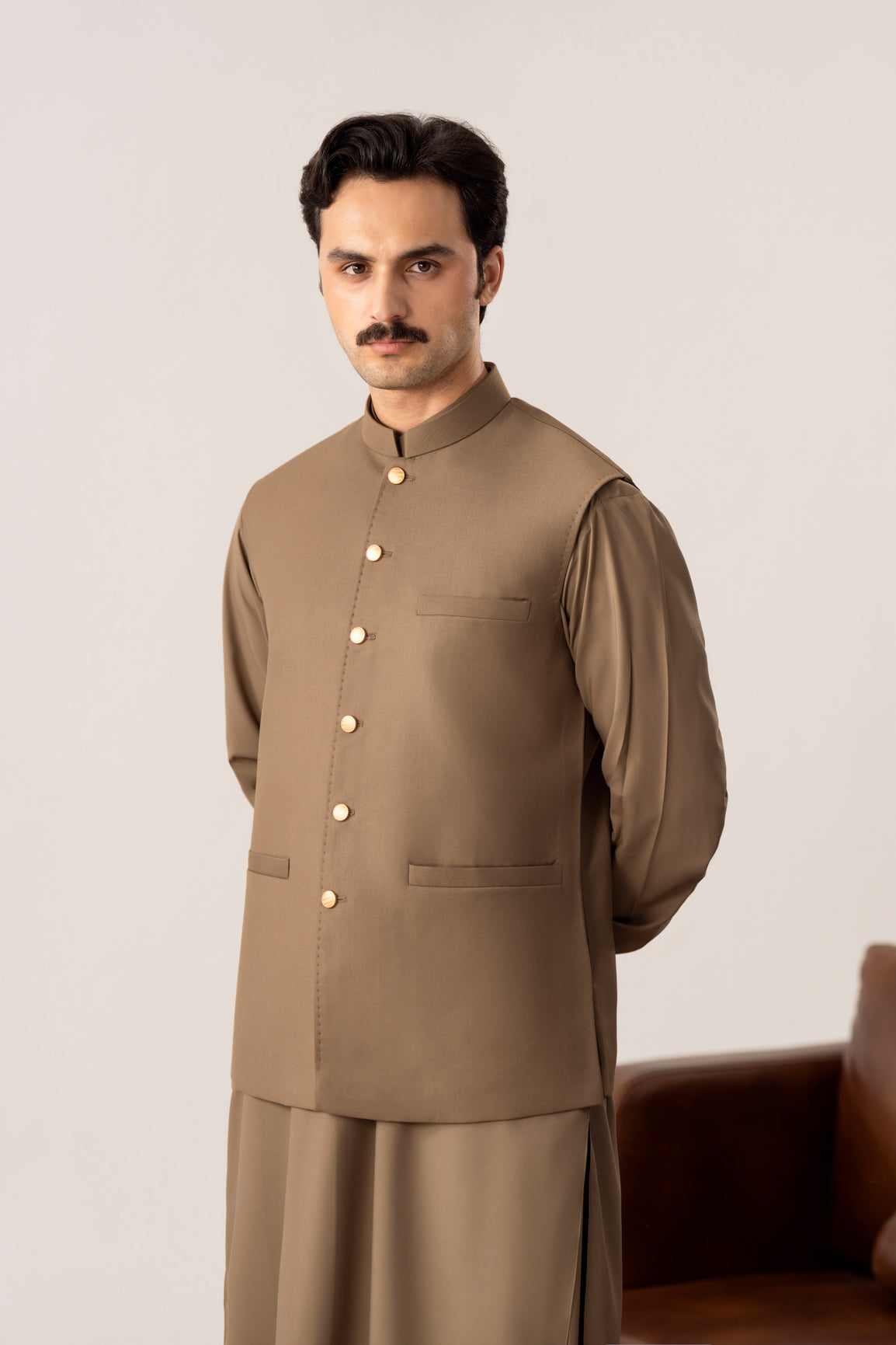 Stone Brown Pick-Stitch Suiting Waistcoat - Straight Cut - Men