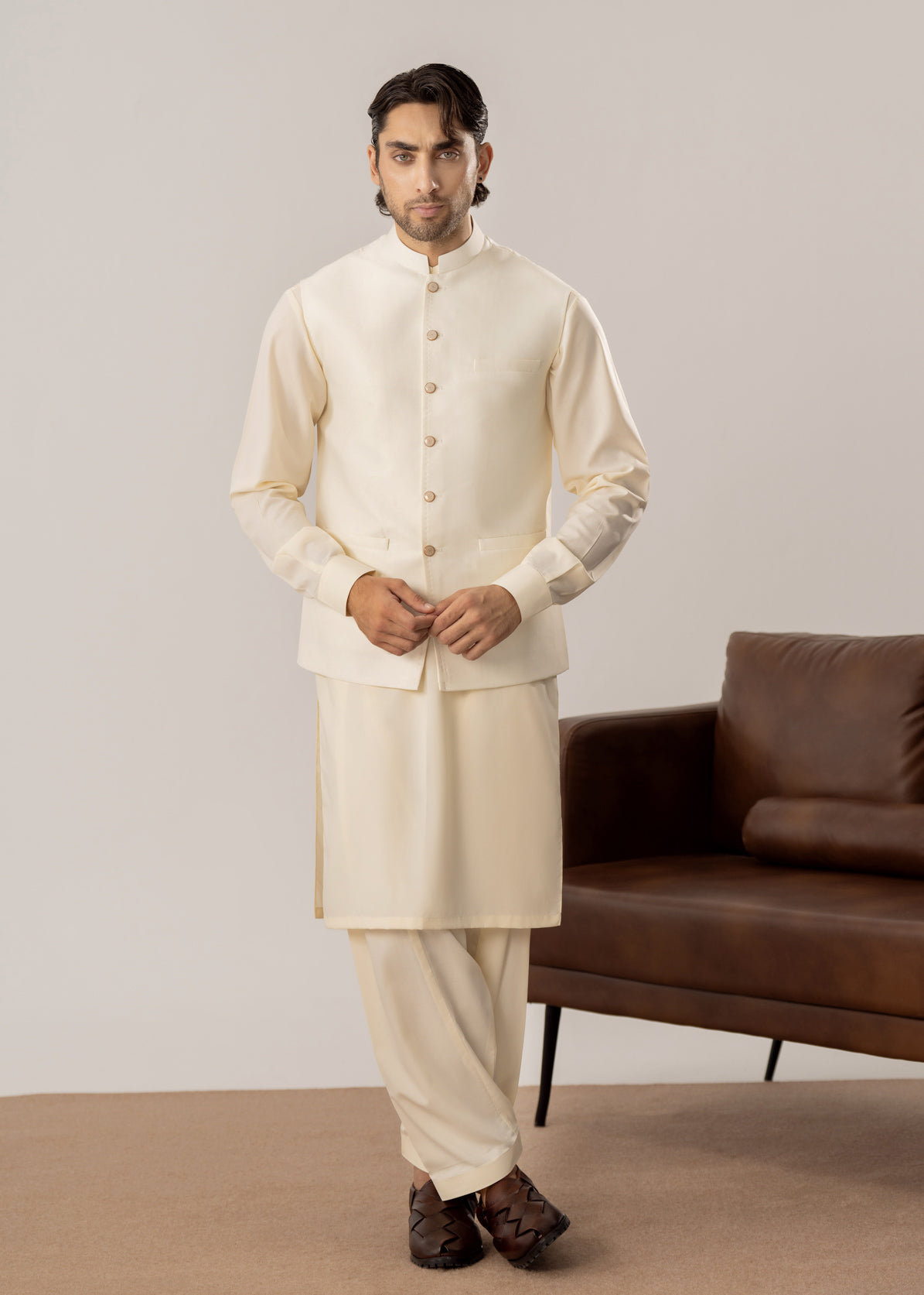 Bosky White Kurta Shalwar with Pick-Stitch Matching Waistcoat - Men