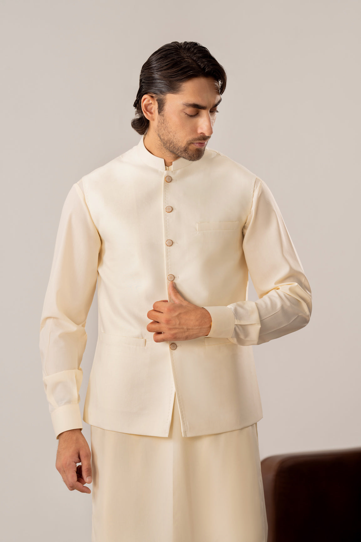 Bosky White Kurta Shalwar with Pick-Stitch Matching Waistcoat - Men