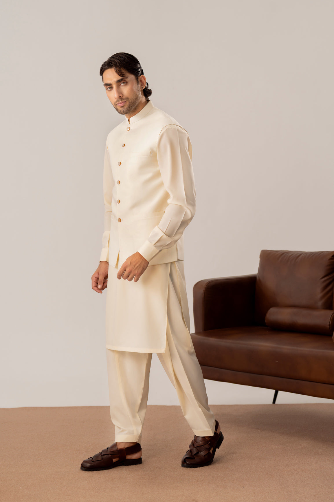 Bosky White Kurta Shalwar with Pick-Stitch Matching Waistcoat - Men