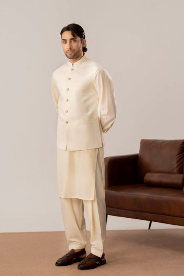 Bosky White Kurta Shalwar with Pick-Stitch Matching Waistcoat - Men