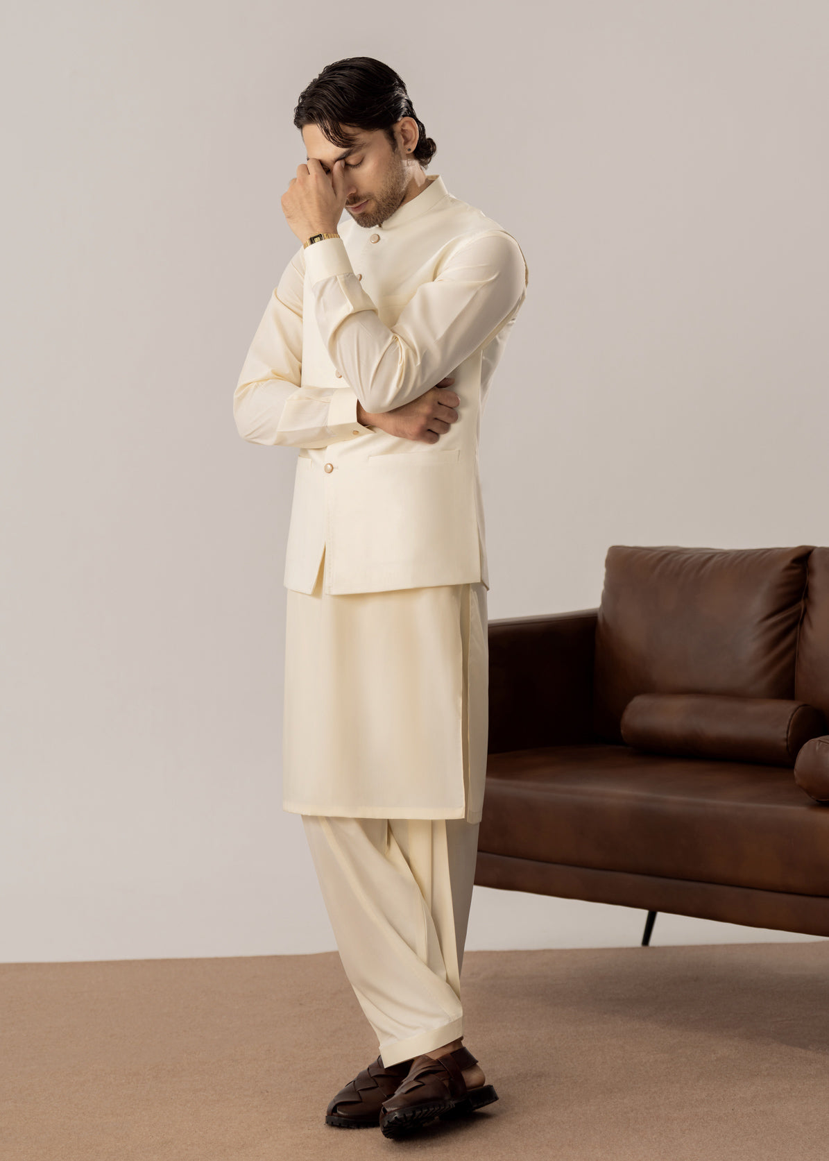 Bosky White Kurta Shalwar with Pick-Stitch Matching Waistcoat - Men