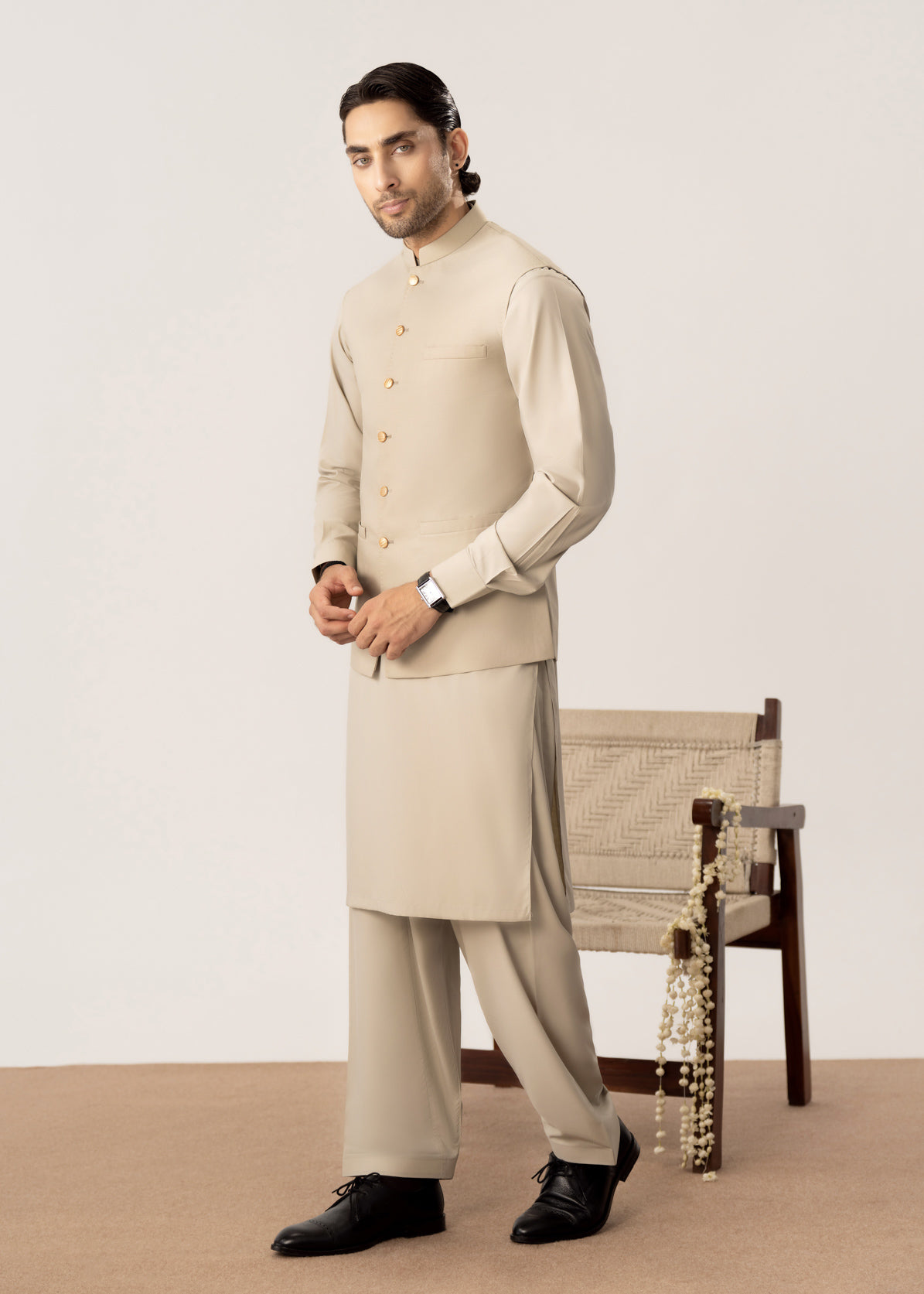 Light Beige Kurta Shalwar with Pick-Stitch Matching Waistcoat - Men