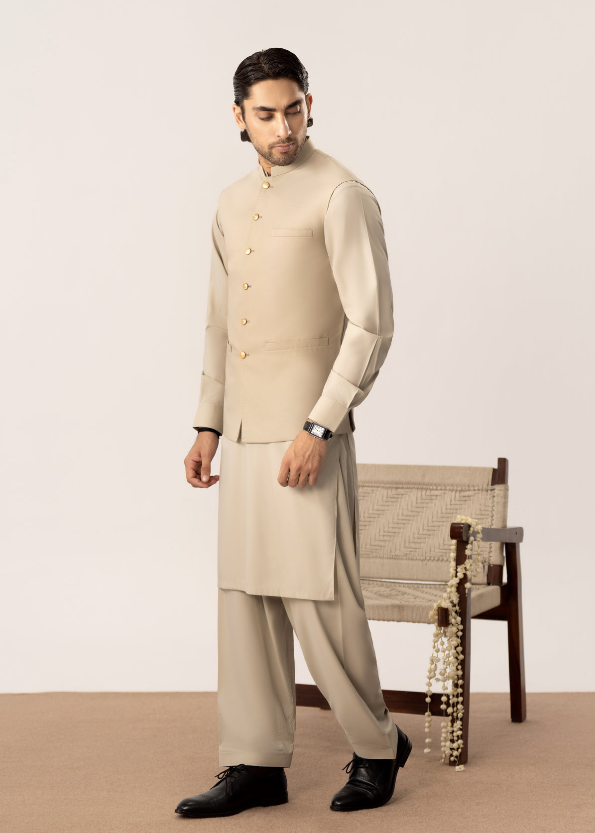 Light Beige Kurta Shalwar with Pick-Stitch Matching Waistcoat - Men