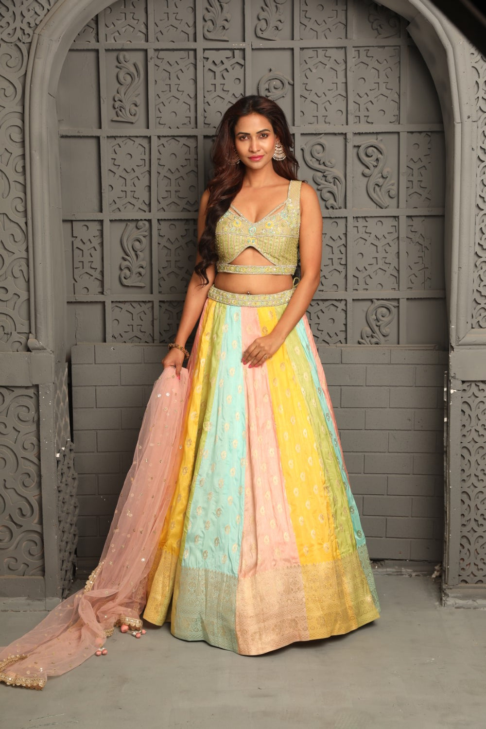 Multi color banarasi lehenga with zardosi work Main image