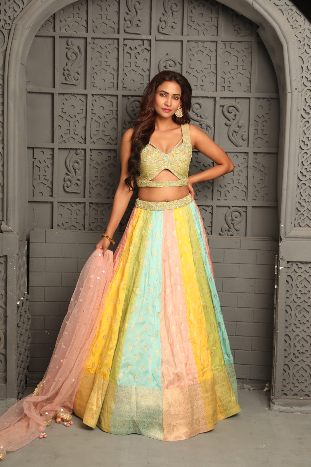 Multi color banarasi lehenga with zardosi work