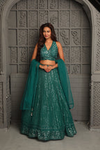 Green sequins lehenga with soft organza dupatta