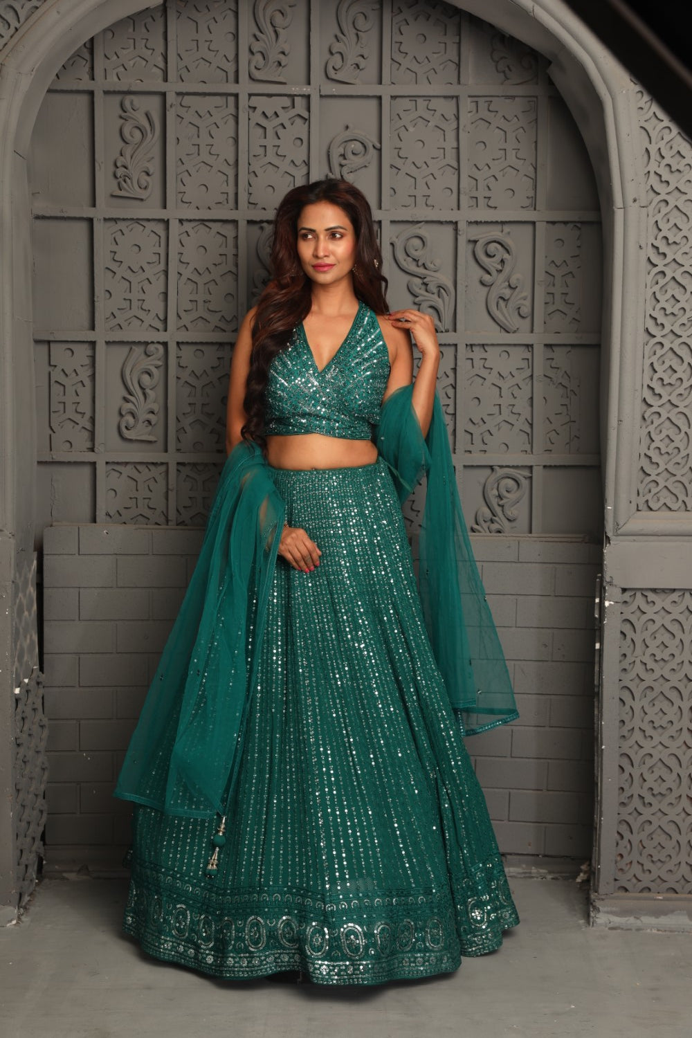 Green sequins lehenga with soft organza dupatta